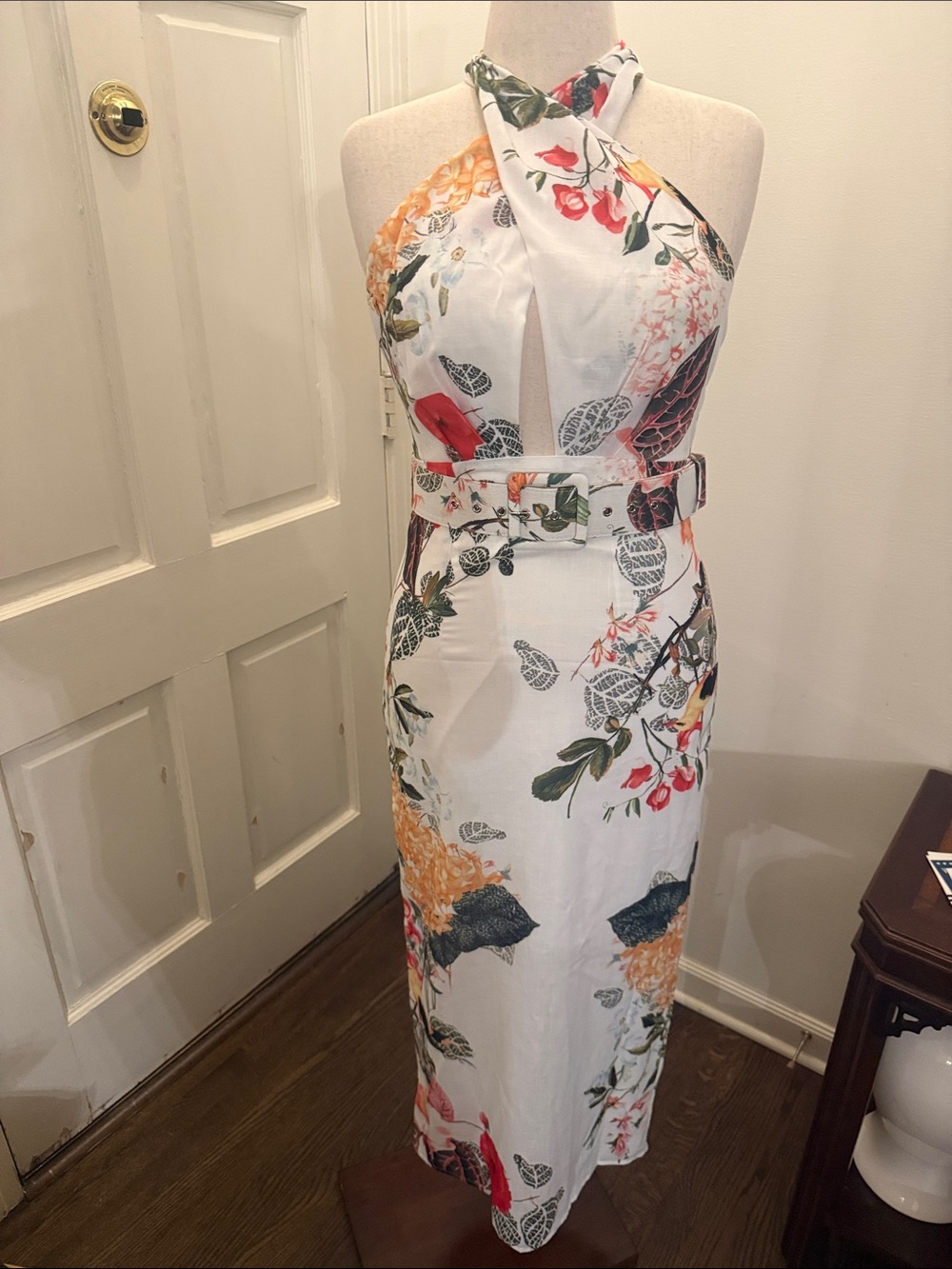 NWT Floral Halter Belted Maxi Dress - White Multi